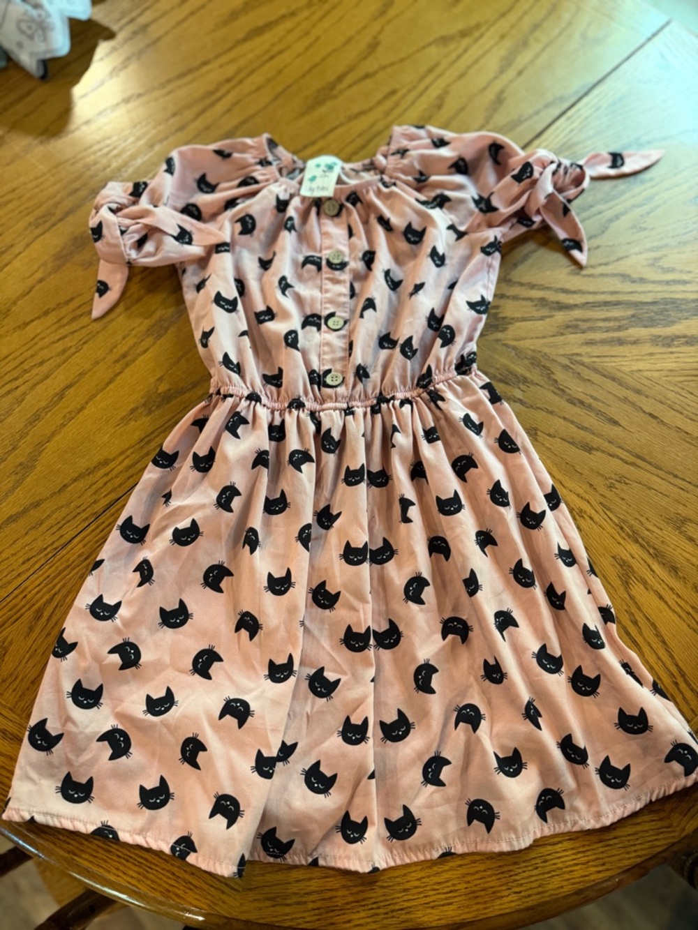 Girls Pink Cat Print Tie-Sleeve Dress